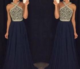 Dark Blue Beaded Long Prom Dress For Teens, Dark Blue Formal Dress on ...