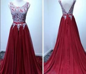 Burgundy A-line Chiffon Lace Long Prom Dress, Evening Dress on Luulla