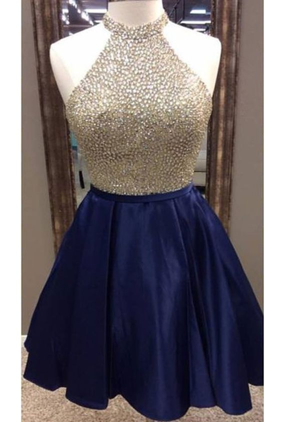 Dark Blue Satins Beading Sequins Halter A-line Short Prom Dresses ,club Dresses