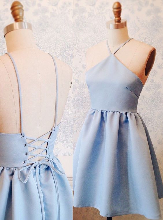 A-line Halter Above-knee Lace-up Blue Stretch Satin Homecoming Dress