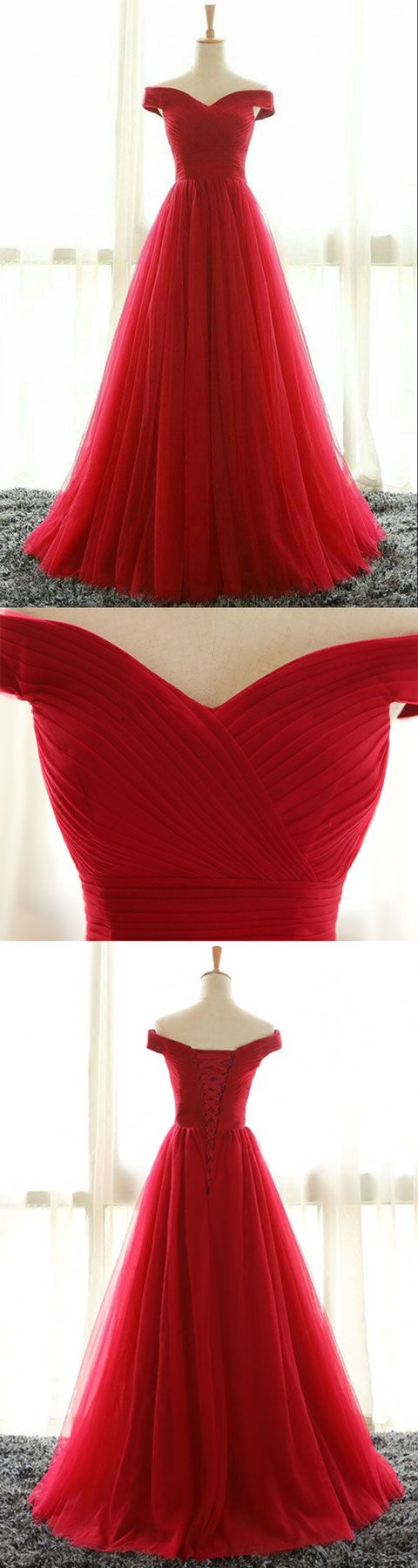 Red A Line Tulle Off Shoulder Long Prom Dress, Red Evening Dress