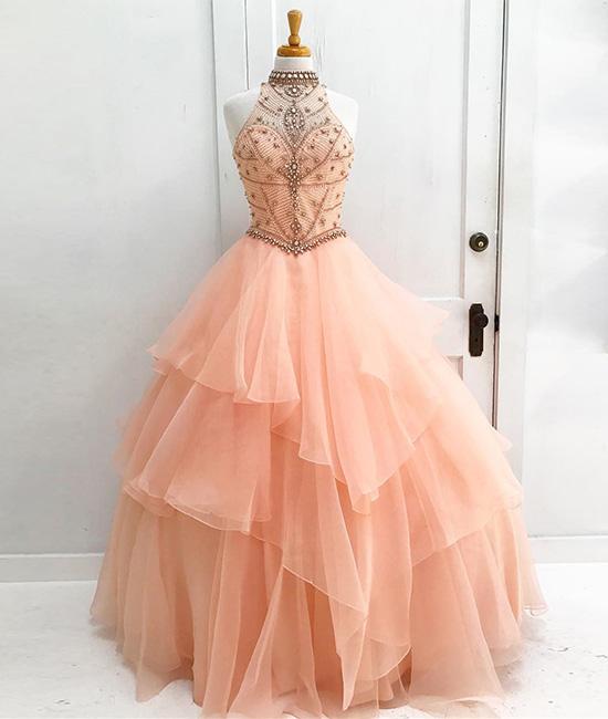 Orange Sweet Ball Gown Round Neck Beading Tulle Long Prom Gown