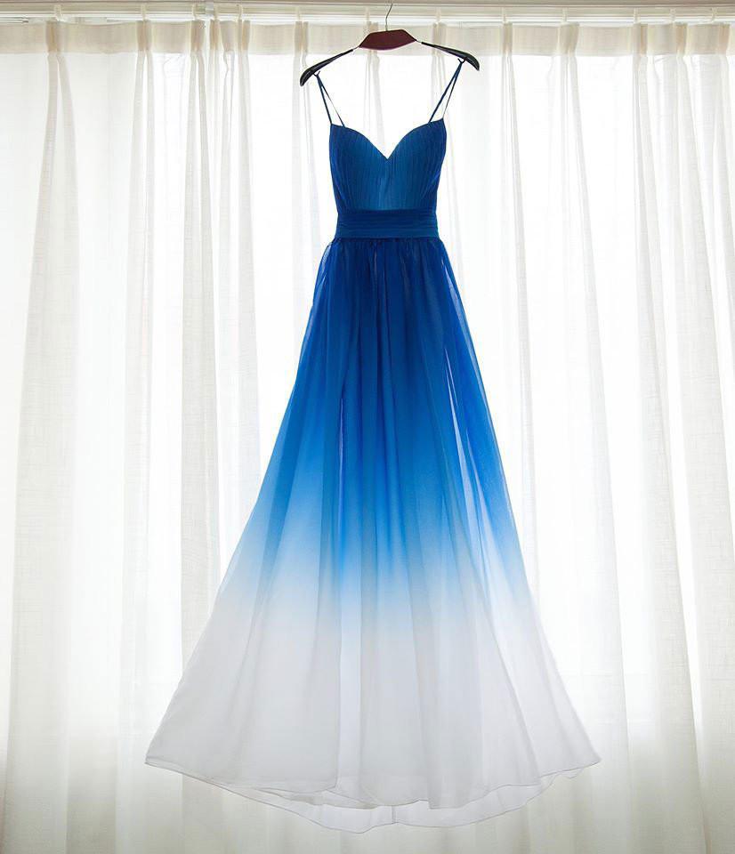 Blue Ombre Chiffon Plunge V Spaghetti Straps Floor Length A-line Formal Dress, Prom Dress