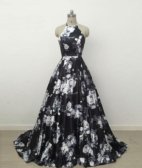 Simple Black Flower Ball Gown Halter Satin Long Prom Dress Black Evening Dress
