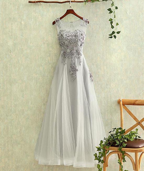 GRAY FLORAL A-LINE ROUND NECK LACE TULLE LONG PROM DRESS GRAY EVENING DRESS