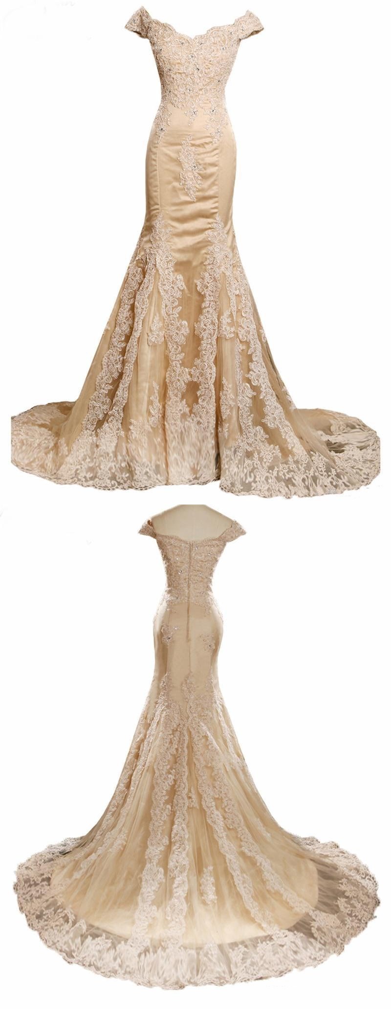 Elegant Champagne Mermaid V-neck Prom Dresses Appliques Beading Tulle Lace Evening Dresses