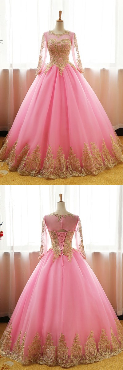 Classy Pink Ball Gown Round Neck Beading Applique Lace Tulle Charming Ball Gown