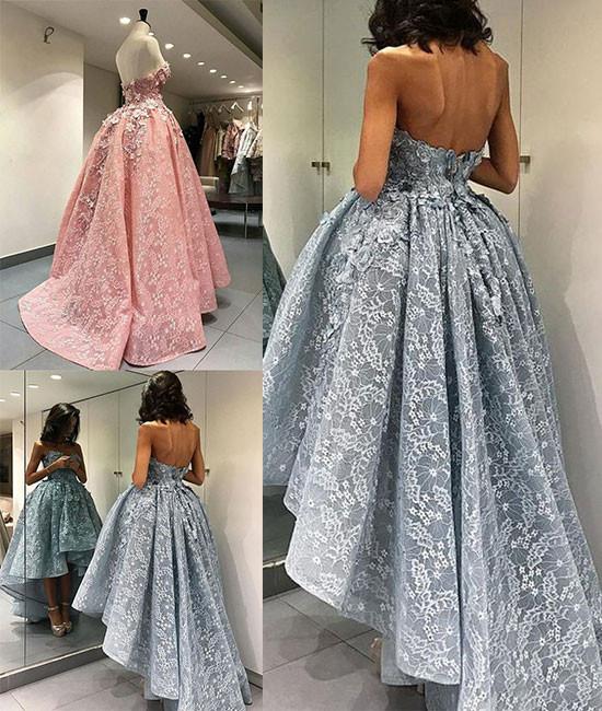 Charming Ball Gown Strapless Lace High-low Prom Dress