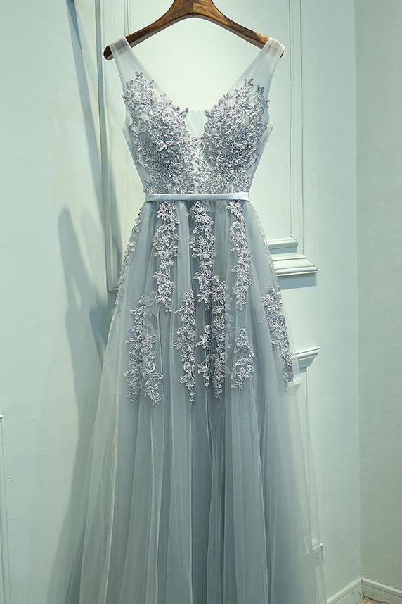 Charming Gray A-line V-neck Applique Chiffon Long Evening Dresses Elegant Prom Dress