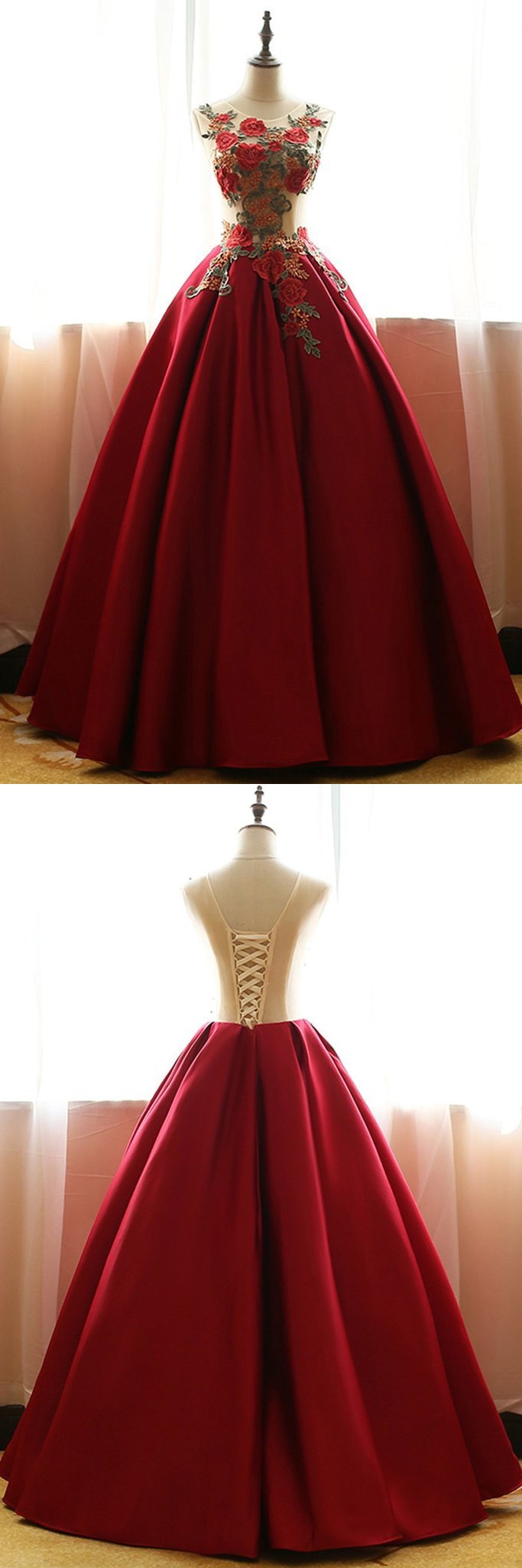 Red Quinceanera Dresses Floral Round Neck A-line Satin Applique Ball Gown