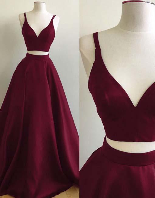 Simple Red And Black A-line V-neck Spaghetti Straps Satin Two Pieces Long  Prom Dress on Luulla
