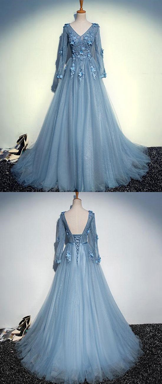 Blue Long Prom Dress V Neck Applique Tulle Evening Dress