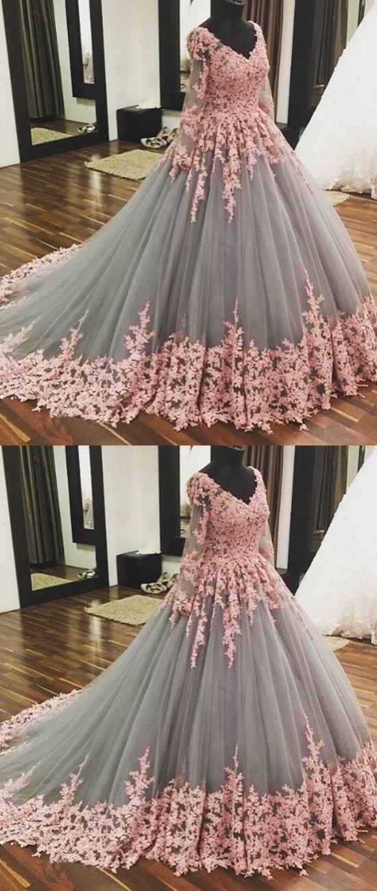 Unique Floral Ball Gown V Neck Appliques Lace Long Prom Dress Lace Evening Dress