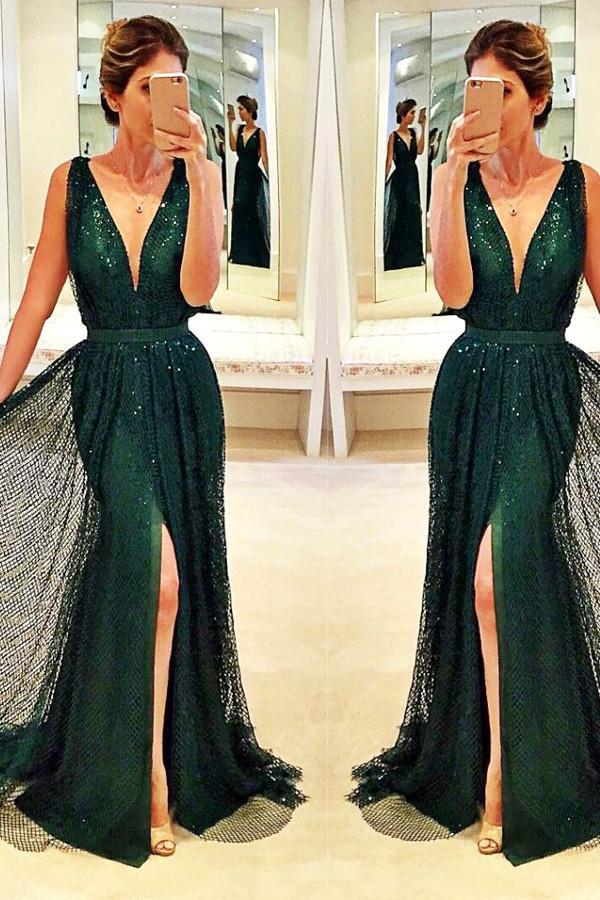 Sexy Dark Green A-line Sleeveless V-Neck Front Split Sequined Chiffon Prom Dress