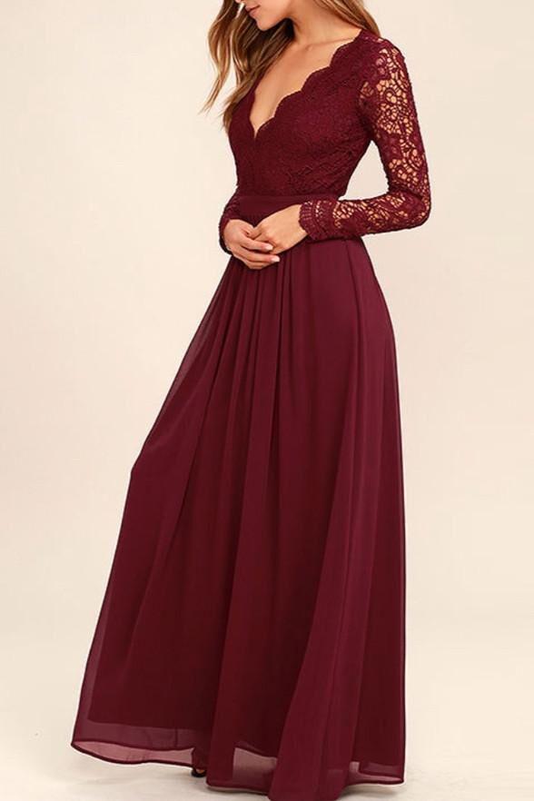 Elegant Burgundy A-line V-neck Long Sleeves Lace Chiffon Prom Dress