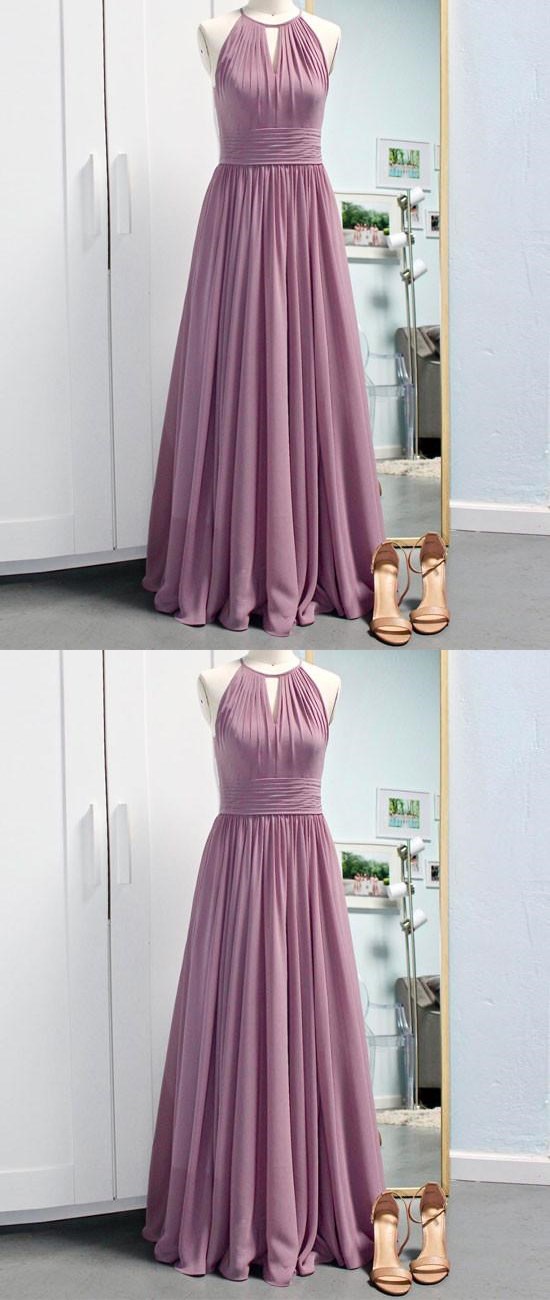 Simple Pink A-line Halter Chiffon Long Prom Dress Bridesmaid Dress