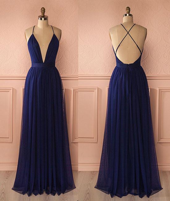 Simple Dark Blue A-line V Neck Tulle Chiffon Long Prom Dress Evening Dress