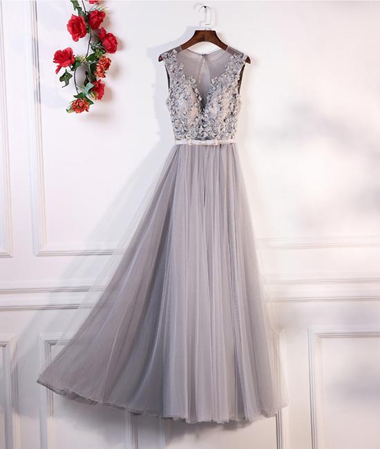Gray A-line Round Neck Lace Tulle Long Prom Dress, Gray Evening Dress