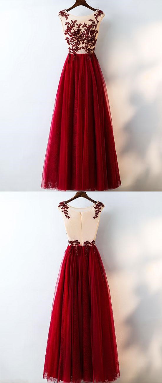 Charming Burgundy A-line Round Neck Sleeveless Lace Tulle Long Prom Dress Bridesmaid Dress