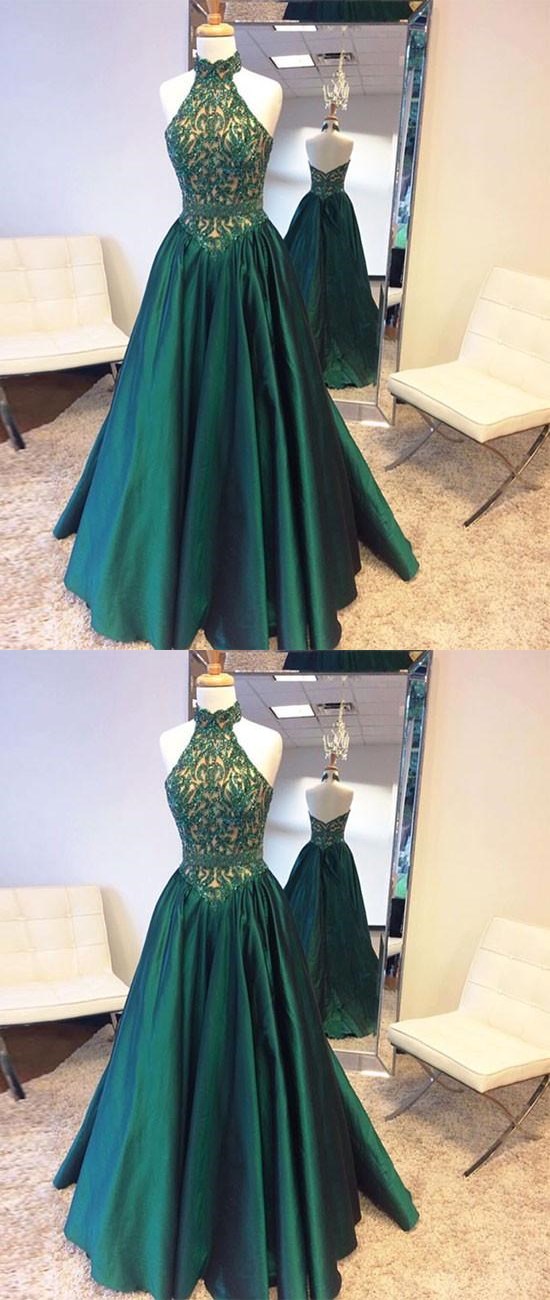 Green High Neck Long Prom Dress, Green Evening Dress