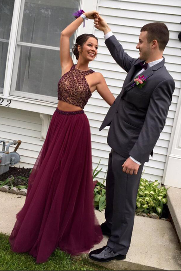 Two Piece Halter Burgundy Tulle Open Back Beaded Prom Dress on Luulla