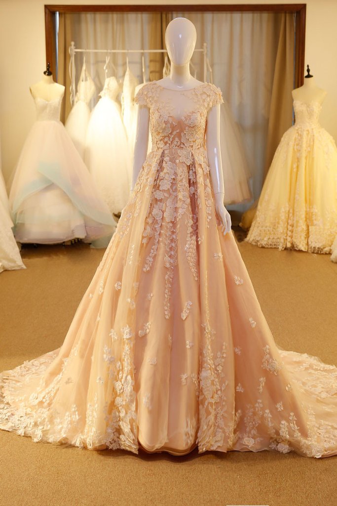 Round Neck Tulle Lace Appliques Long Wedding Dresses With Cap Sleeves OW676 main image 1