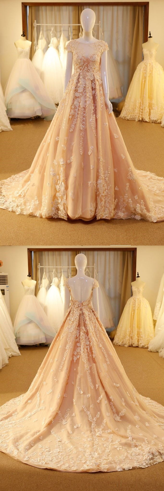 Unique Round Neck Tulle Lace Applique Pink Long Prom Dress, Pink Wedding Dress