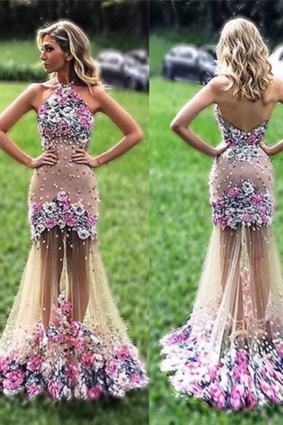 Pretty Tulle Flowers Applique See-through Halter Long Dress,mermaid Dress