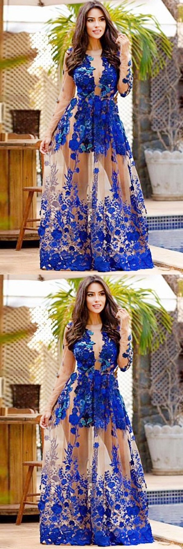 Royal Blue Long Sleeves Appliques Jewel Floor-length Prom Dress With Lace