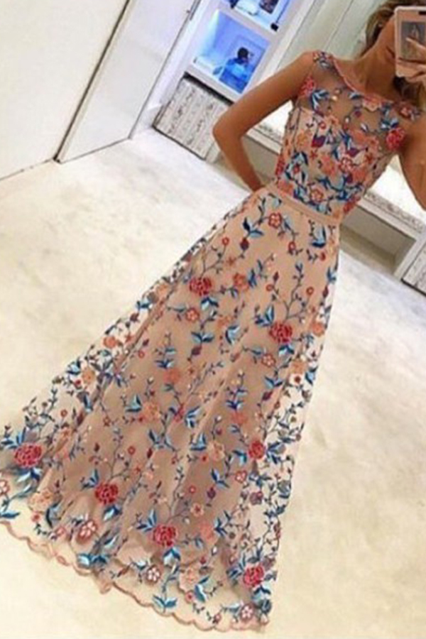 A-line Jewel Sleeveless Floor Length Light Champagne Prom Dress With Flowers