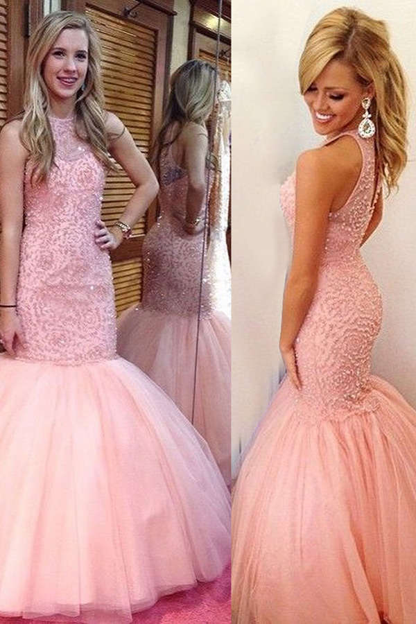 Chic Round Neck Long Pink Mermaid Prom Dress With Pearls Open Back