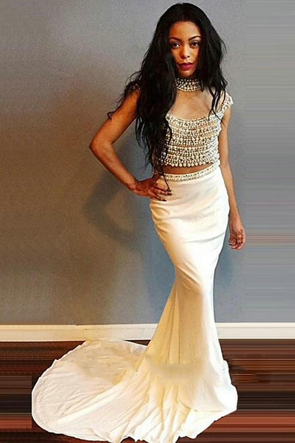 Two Piece Mermaid Jewel Cap Sleeves Sweep Train Ivory Prom Dress With Pearls