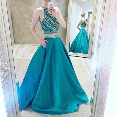Luxury Two-pieces Halter Evening Gowns 2017 Sleeveless A-line Crystal Prom Dress