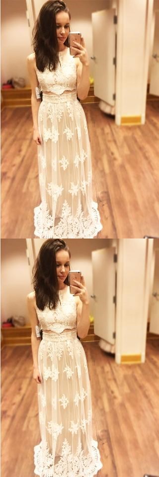 White lace round neck long prom dress，elegant dress for teens