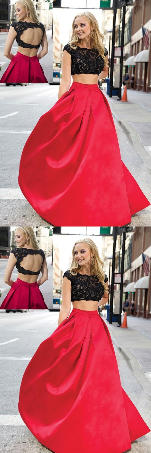 Charming Red And Black Two Pieces Lace Floor Length Prom Dresses Evening Dresses