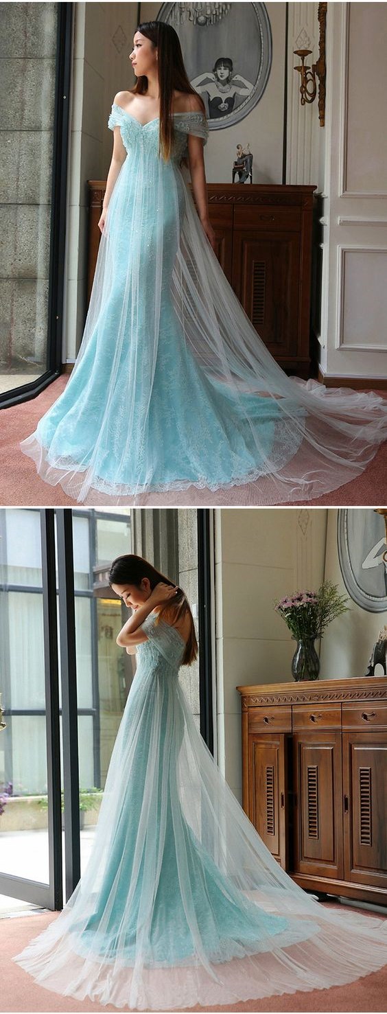 Light Blue Mermaid Cap Sleeve Tulle Lace Appliquéd Long Prom Dress