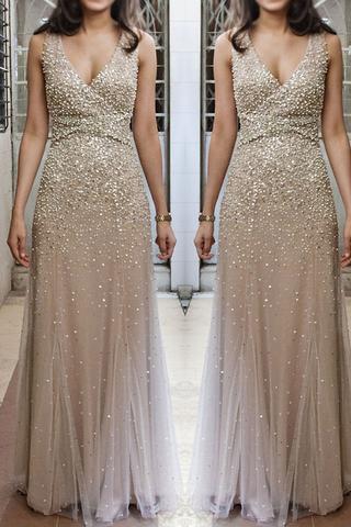 Champagne Tulle Sequins Luxury V Neck Long Chiffon Evening Dresses