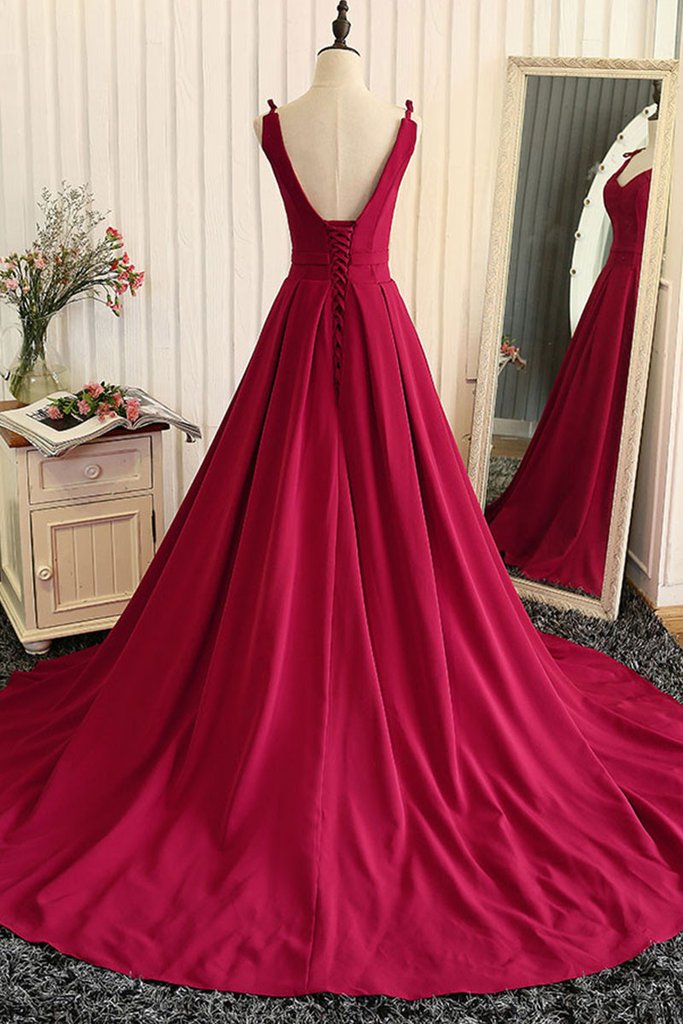 Red V Neck Satin Long Prom Dress, Red Evening Dress on Luulla