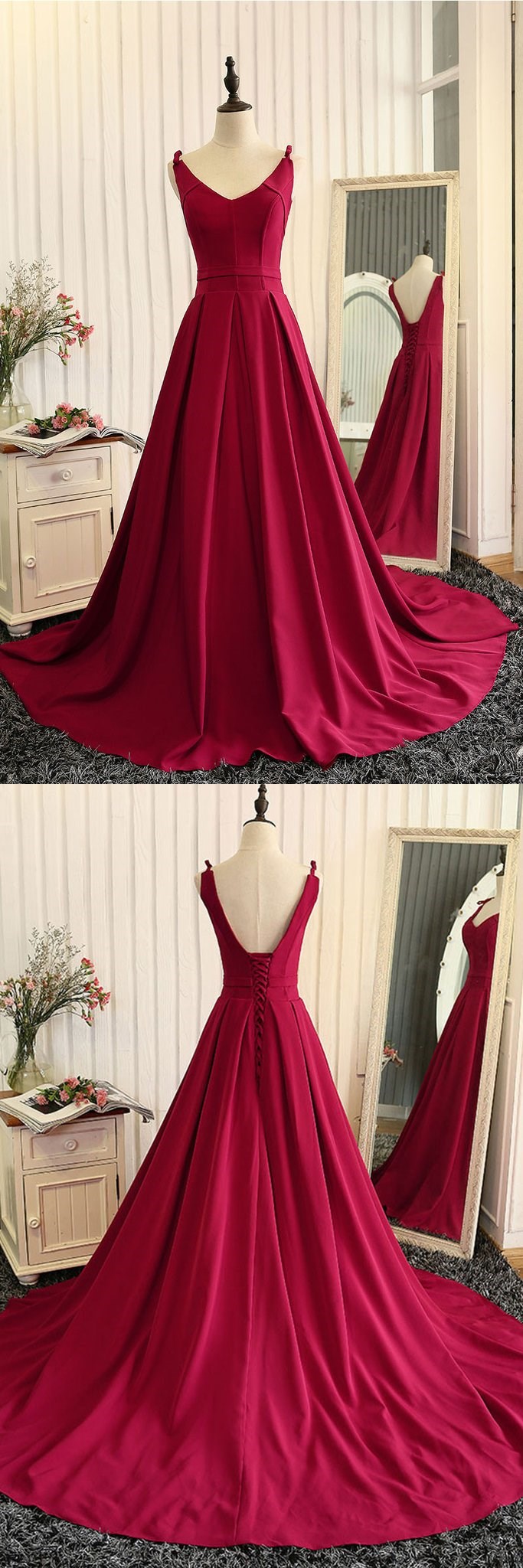Red V Neck Satin Long Prom Dress, Red Evening Dress