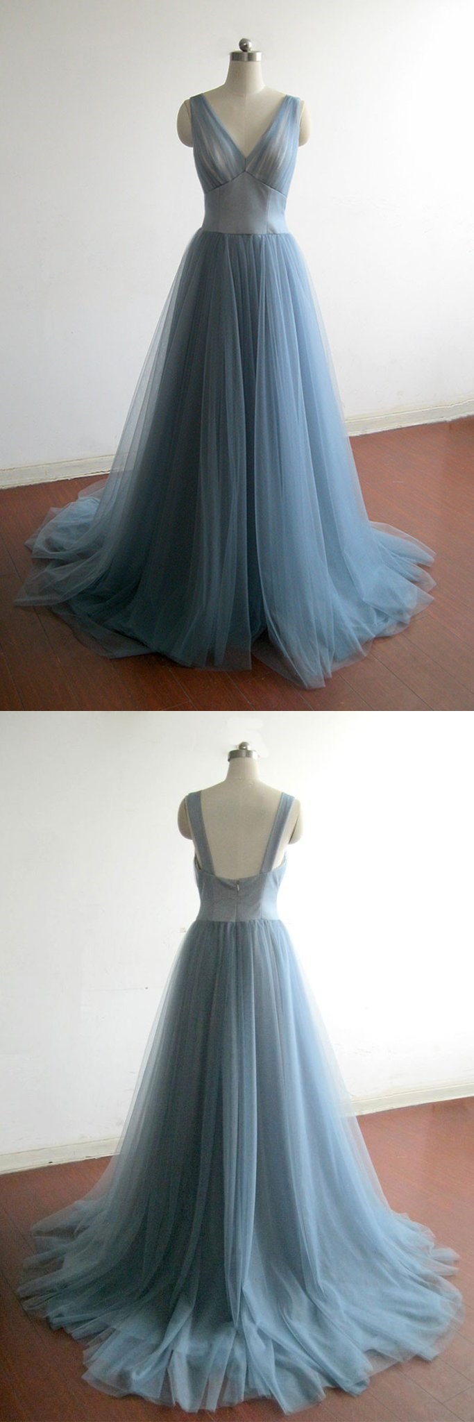 Simple Gray Blue Tulle Long Prom Dress, Evening Dress