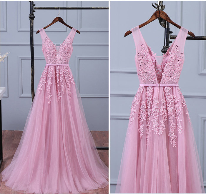 Lace Appliqued Tulle Long Prom Dresses Sexy V-neck Woman's Evening Dresses Elegant Formal Dresses For Weddings Pink Long Bridesmaid