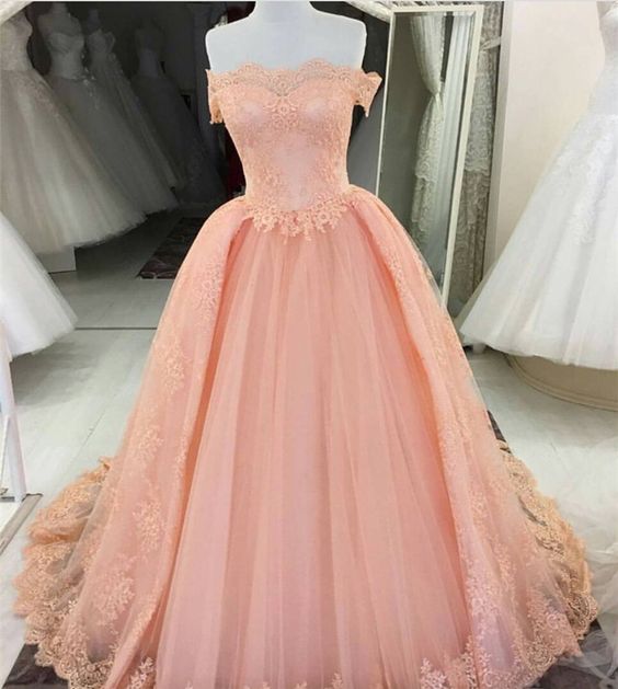Off Shouldr Ball Gown Tulle Prom Dresses Lace Appliques Women Dresses