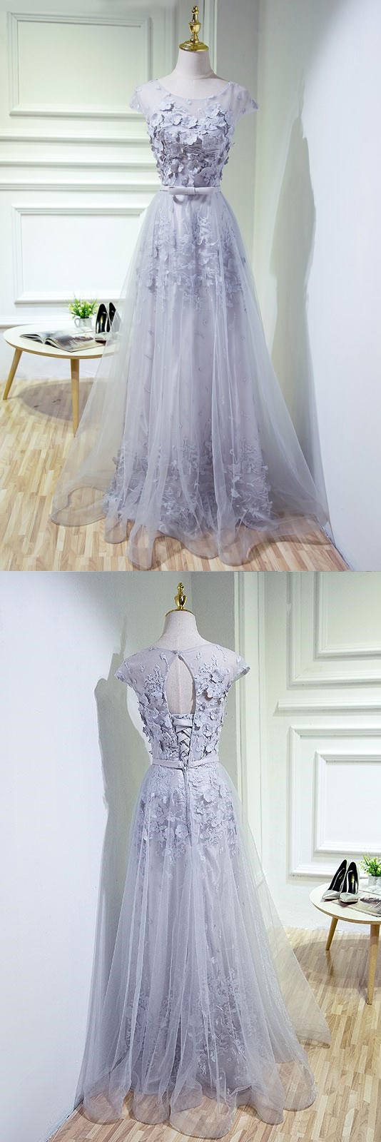 Gray Round Neck Tulle Lace Applique Long Prom Dresses