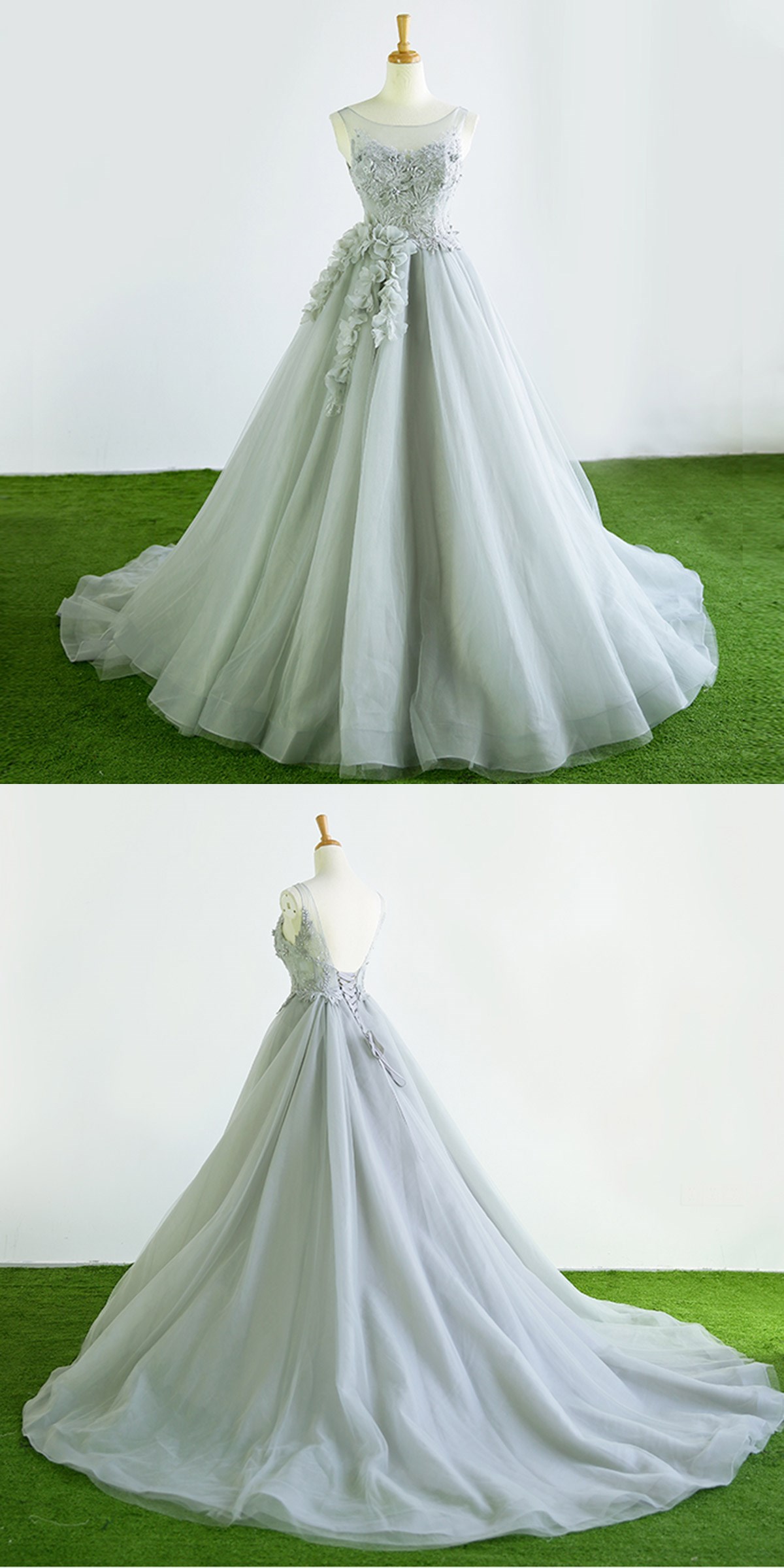 Gray Tulle Court Train Winter Formal Prom Dress, Halter 3d Flower Evening Dress