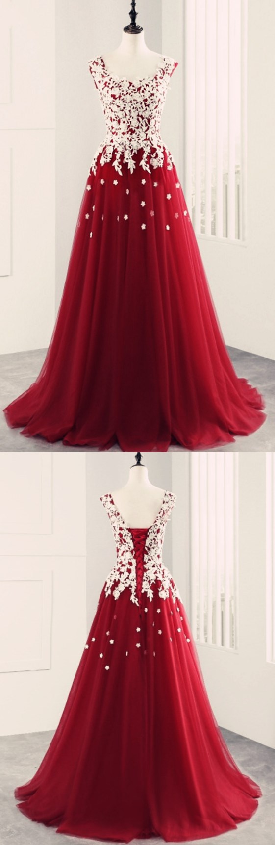 Dark Red Lace Applique Ball Gown Sweetheart Long Prom Dresses 2018 Red Formal Gowns Party Dresses