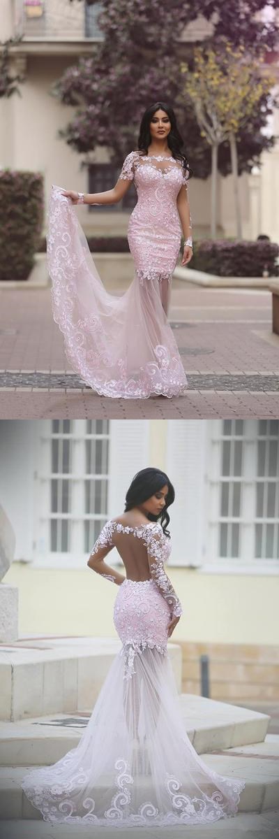  Pink Trumpet Court Train Long Sleeve Sheer Back Appliques Beading Prom Dress Party Dress