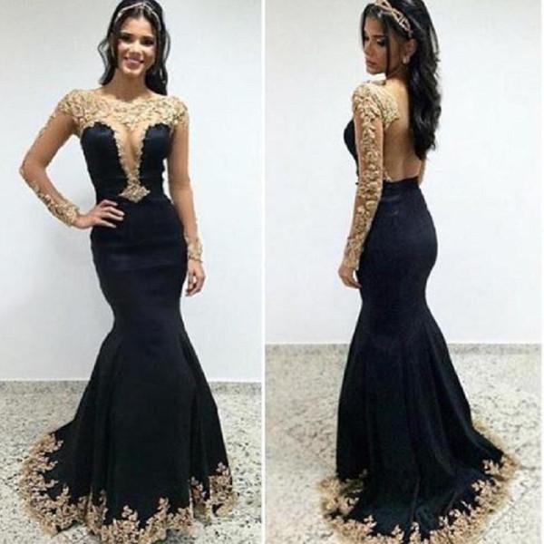 LONG SLEEVES MERMAID GOLD LACE BLACK EVENING GOWNS LONG PROM DRESSES ...