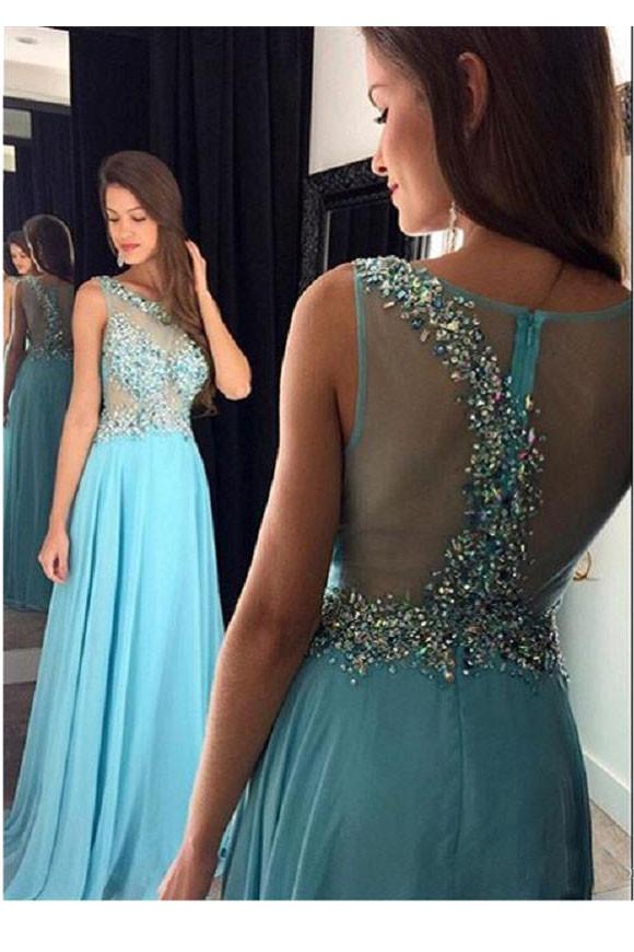 Light Sky Blue Long Prom Dress,sleeveless Sheer Beading Special Occasion Party Gown For Girls