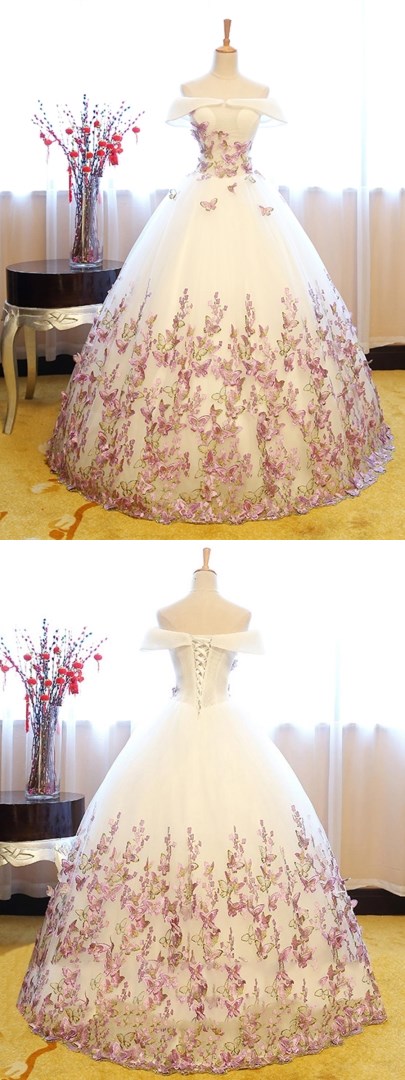 Off-the-shoulder Ball Gown Cap Sleeves Appliques Floor-length Quinceanera Dress