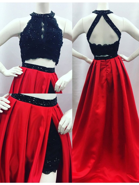 Elegant A-line Round Neck Open Back Split Sweep Train Red Prom Dress With Lace Beading Prom Dresses